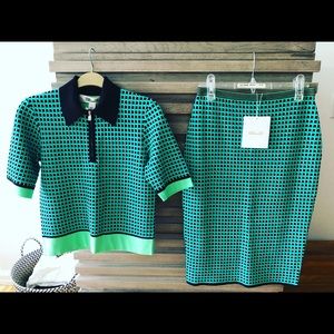 Colored knit pencil skirt,short sleeve shirt. Color:aqua/acid green/black.